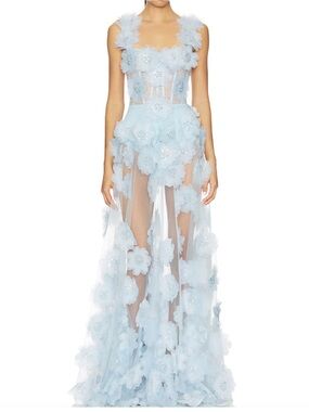 Bronx and Banco Sky Blue 3D Floral Maxi Dress